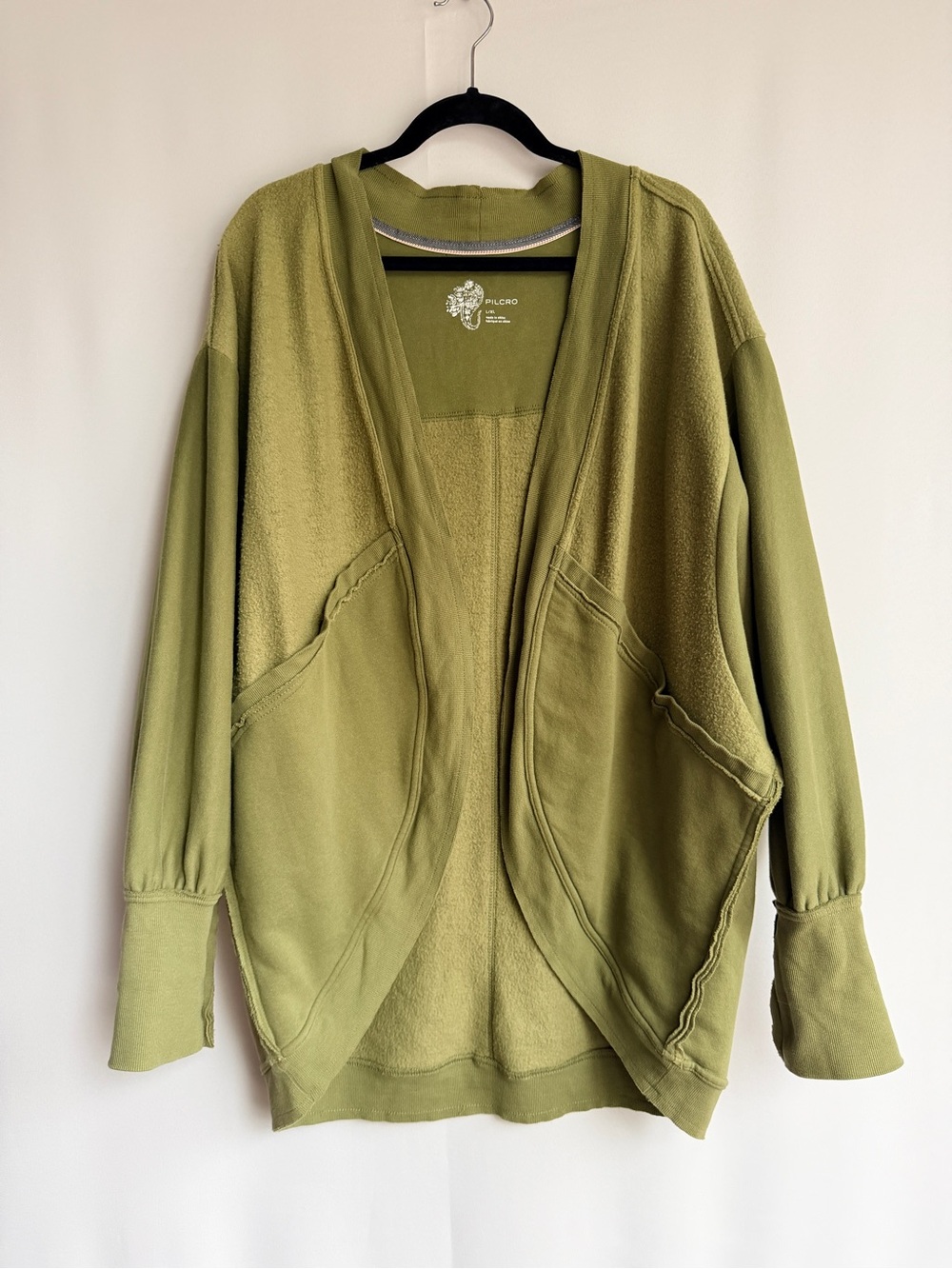 Pilcro Olive Green Open Front Fleece Cardigan Jacket L/XL ā Cozy Oversized Layer